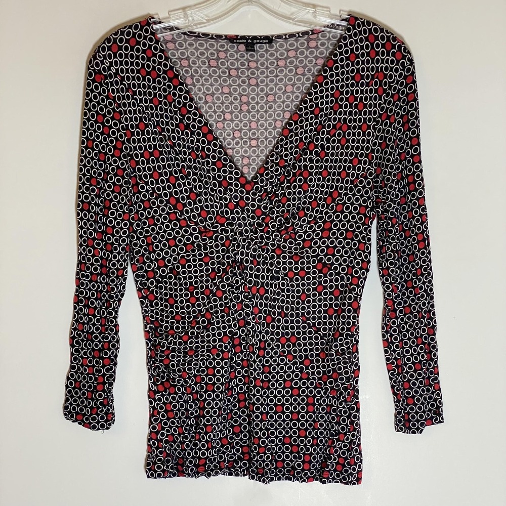 Cable & Gauge Top Womens Large Black Red Circle Print Ruched V‎ Neck Wrap Blouse